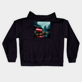 Rainy Ramen Shop - Cyberpunk Cityscape Kids Hoodie